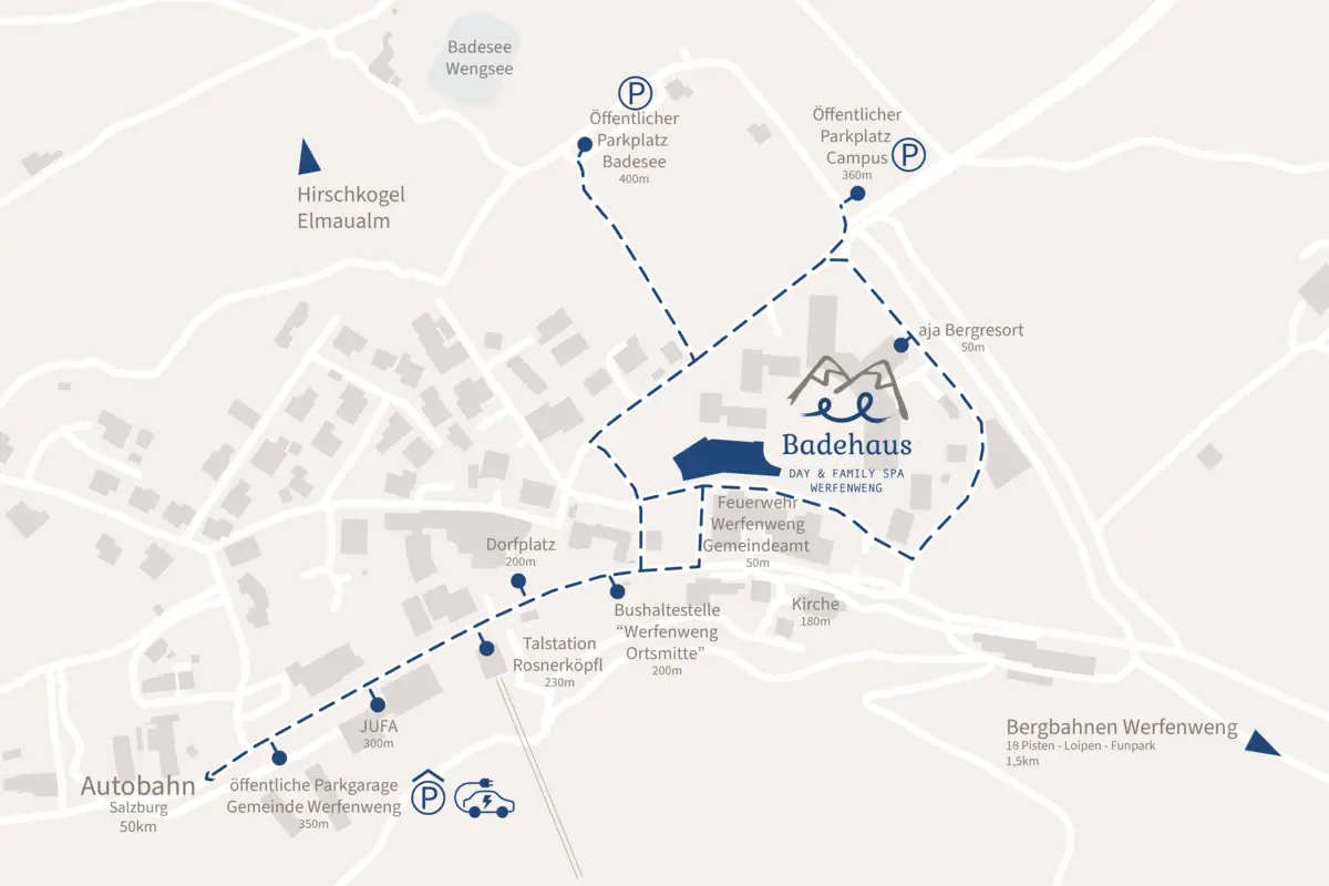 Stadtkarte mit Textbeschriftungen vom Badehaus Werfenweng.