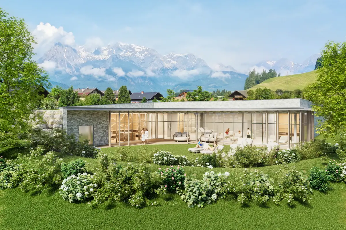 Außenaufnahmen vom Badehaus Werfenweng mit viel Grün