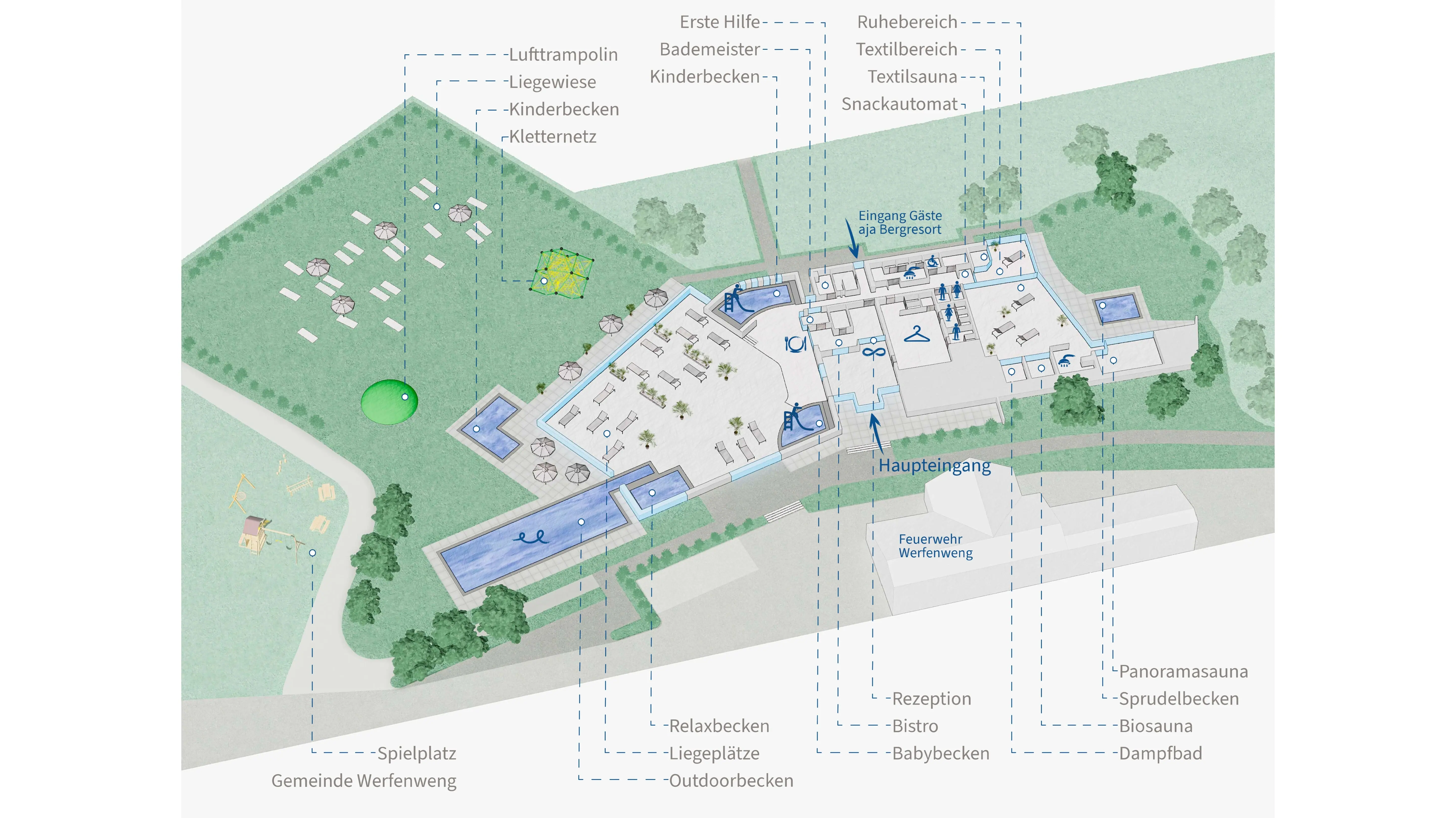 Der Plan zeigt den Eingang und die Lage der einzelnen Bereiche, Pools, Saunen vom Badehaus Werfenweng.